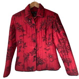 Anne Carson Vintage Red Quilted‎ Silk Jacket Black Floral Rhinestones Office M